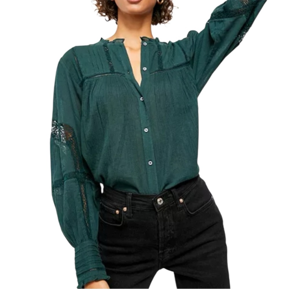 Free People Emma Eyelet Lace Long Sleeve Button Down Shirt Green Cotton Boho